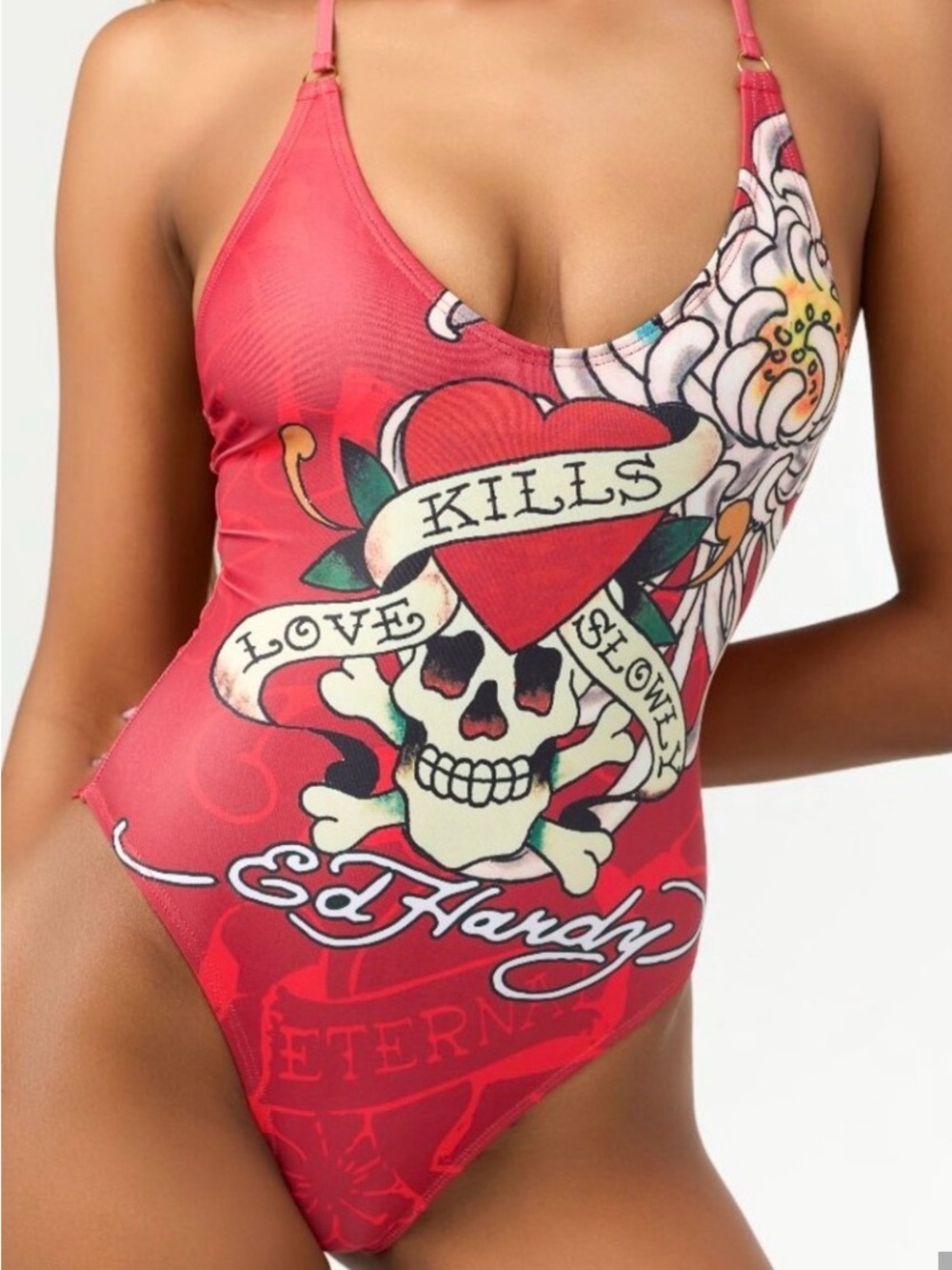 NWT Ed Hardy Red Tattoo-Graphic One-Piece Swimsuit Bodysuit